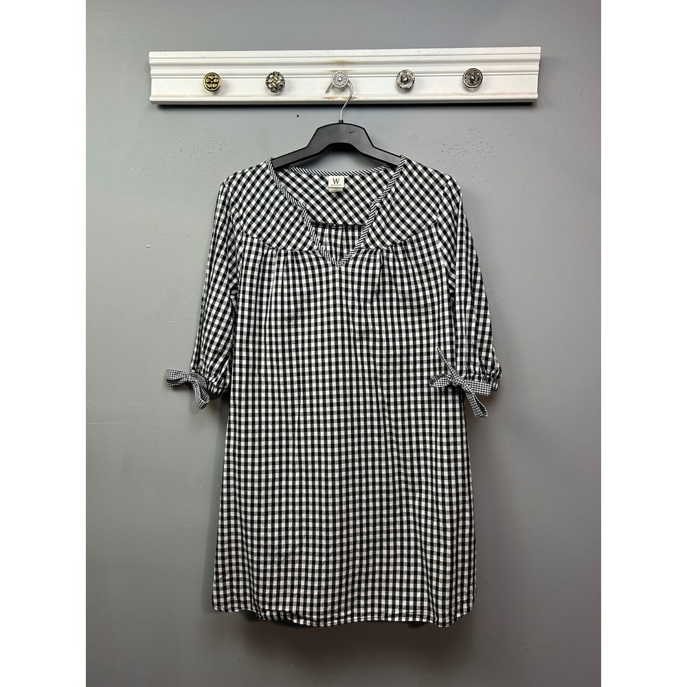 Wrapper Dress Womens XL Black White Gingham 3/4 Sleeve Tie Cuff Tunic Buffalo